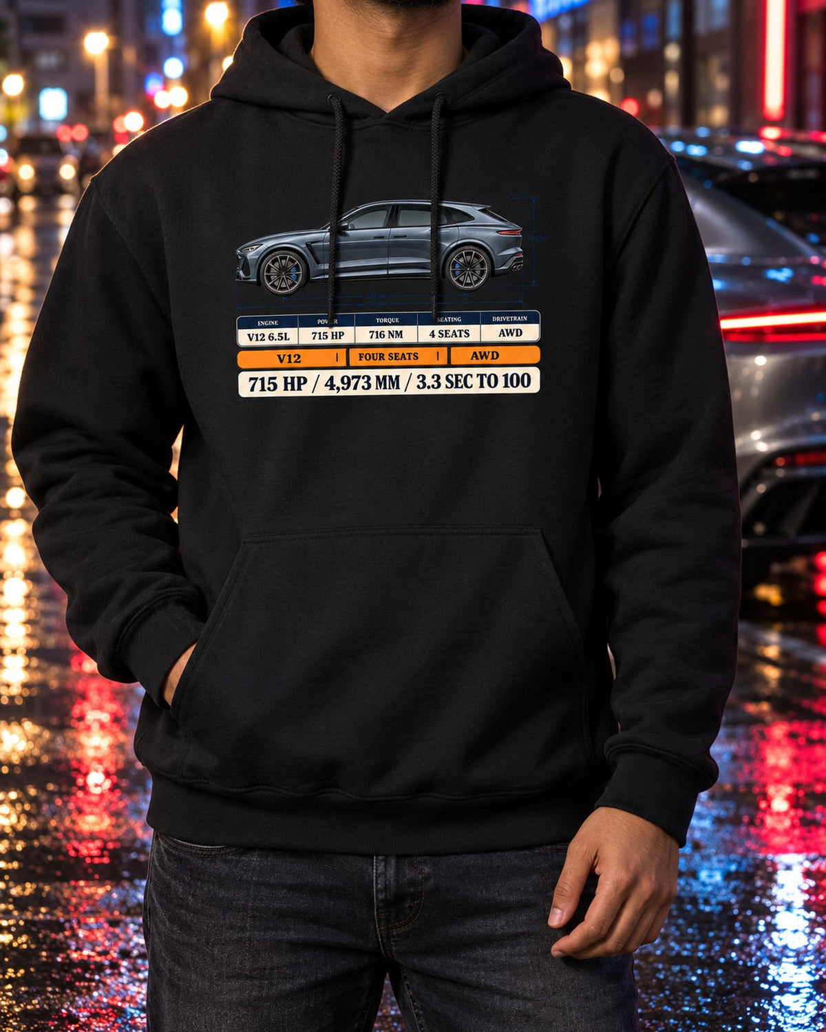 Ferrari Purosangue Spec Poster print Tee, 715 HP Pull Over Hoodie Black worn hero