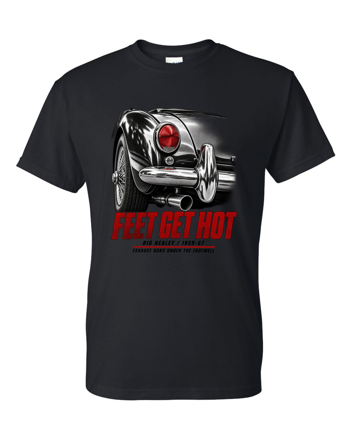 print of the rear taillight of a 1966 Austin-Healey 3000 Mk III BJ8 with hot feet lettering black t-shirt front view with the design