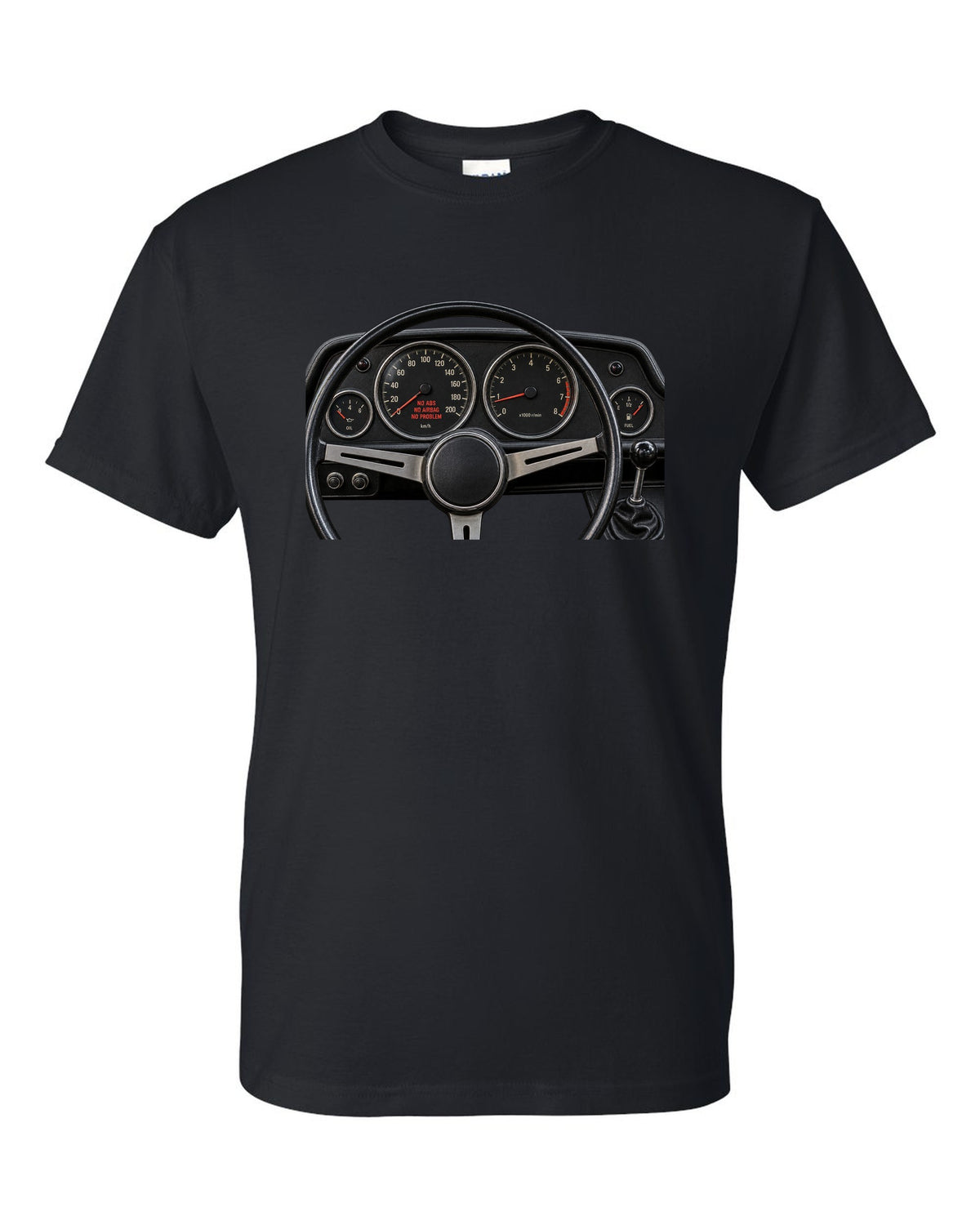 BMW 2002 cockpit gauge print with no ABS no airbag no problem text black t-shirt front view with the design