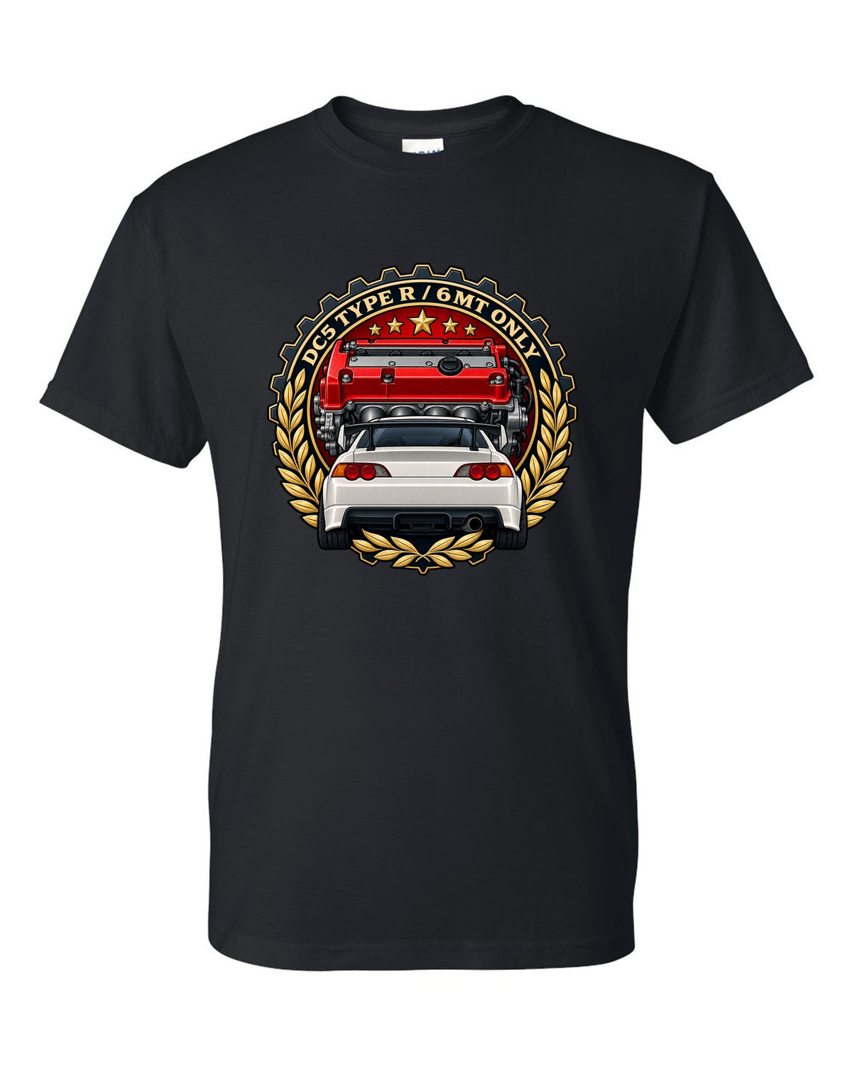 Cel-shaded anime night touge scene with a Honda Integra Type R DC5 black t-shirt front view with the design