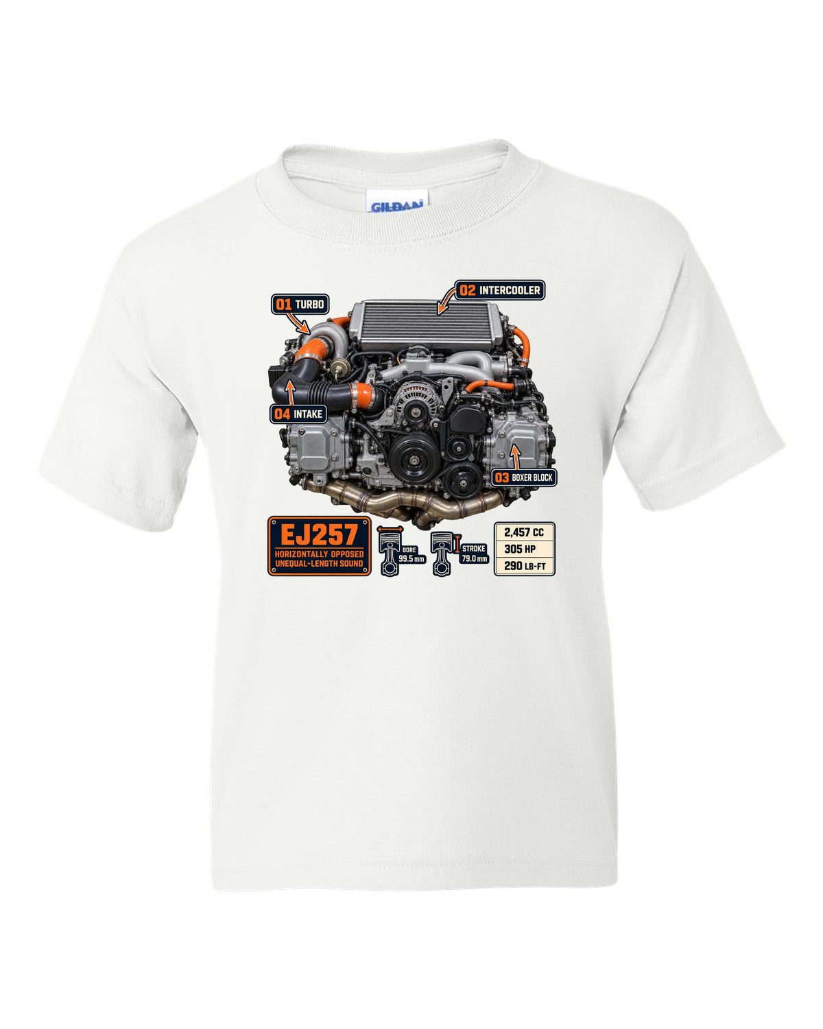 Poster-style print of a Subaru EJ257 boxer engine from the WRX STI VA with technical callouts white kids tee front view with the design