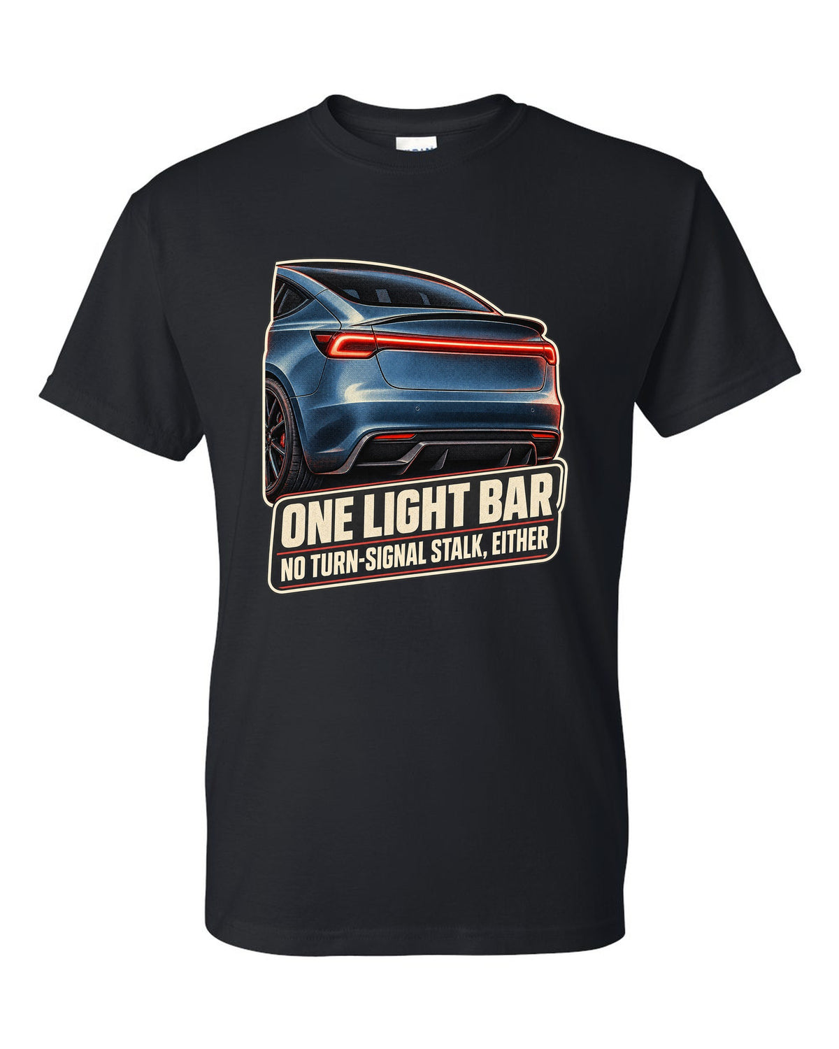 Rear taillight macro print of a Tesla Model 3 Performance Highland with a light bar black t-shirt front view with the design