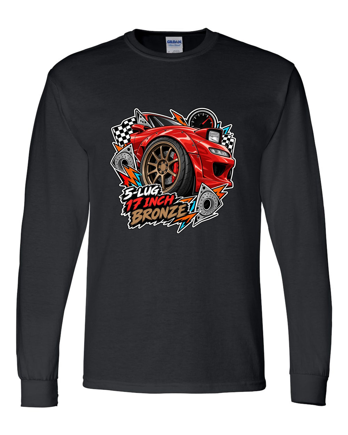 Gauge cluster print of a Mazda RX-7 FD3S boost needle with the text Boost Leak Somewhere black long sleeve front view with the design
