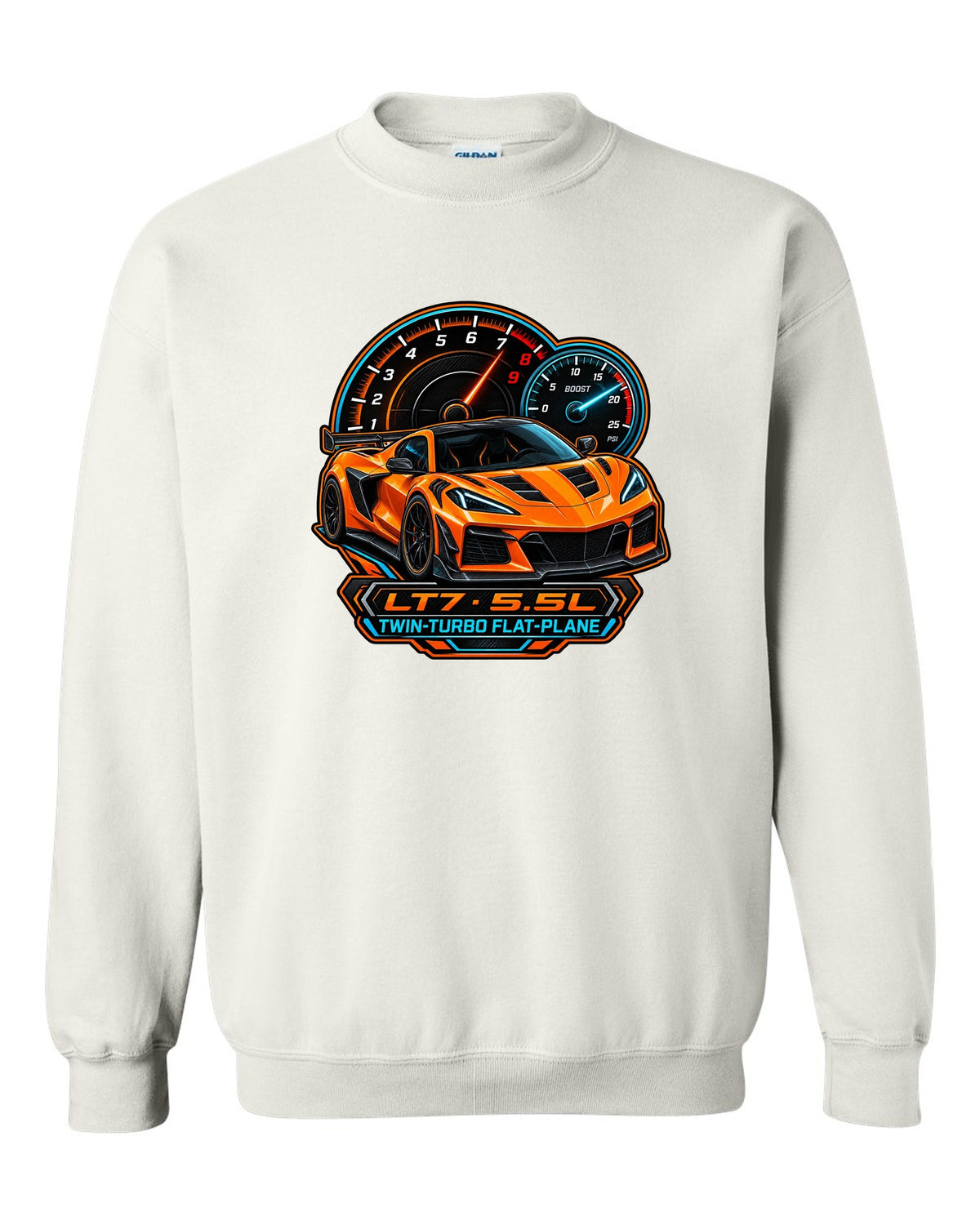 Embroidery-style varsity crest of a 2023 C8 Corvette Z06 with LT7 engine lettering white crewneck front view with the design