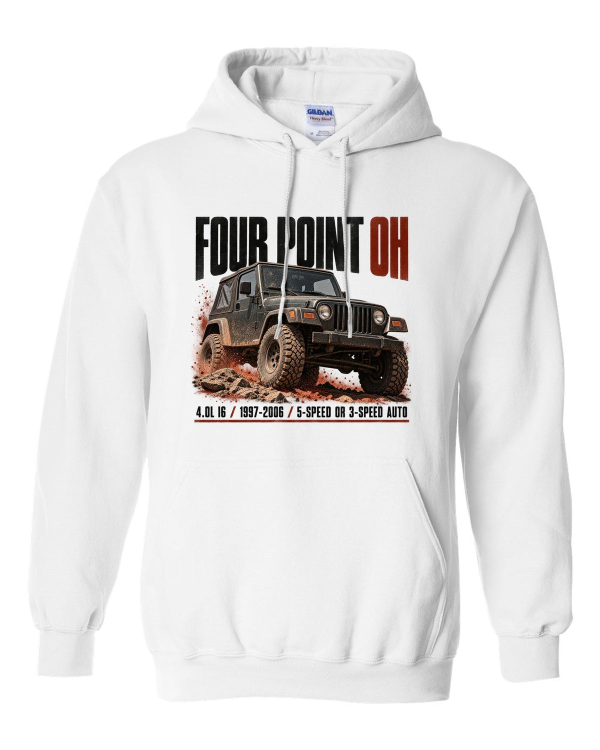 Halftone print for the Jeep Wrangler TJ 4.0L I6, 1997-2006 white pull over hoodie front view with the design