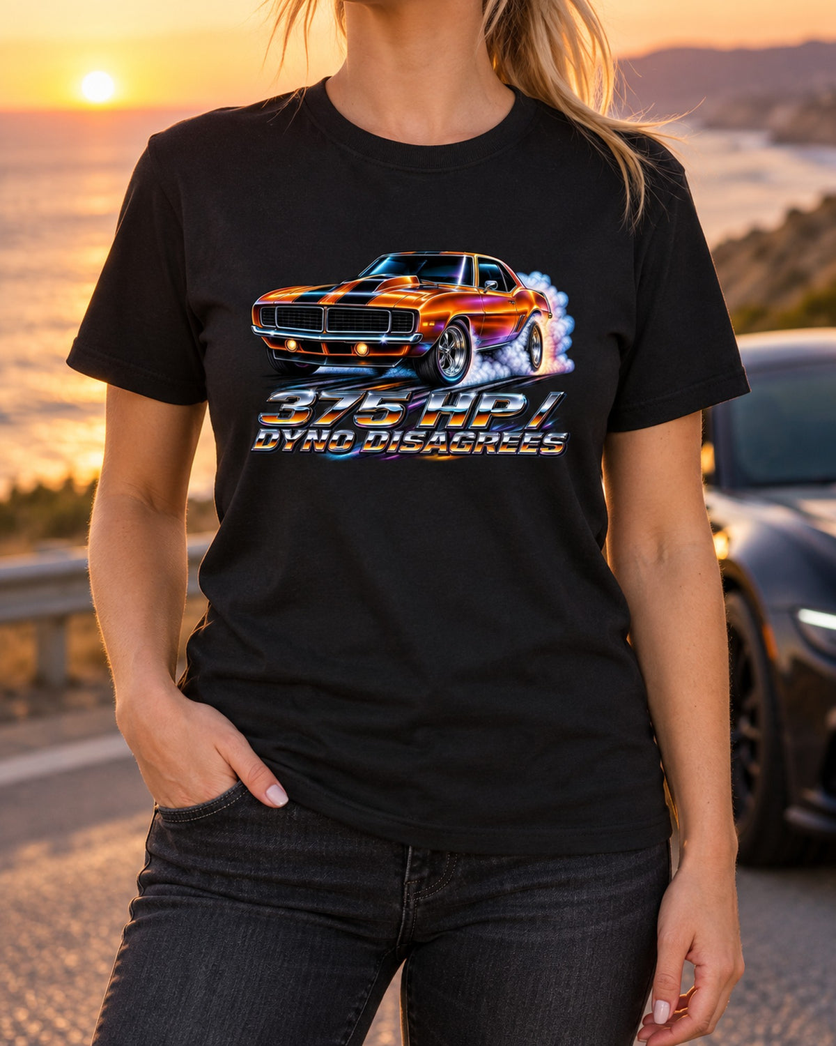 1969 Camaro SS 396 Airbrush Burnout Shirt, Dyno Disagrees T-Shirt Black worn hero