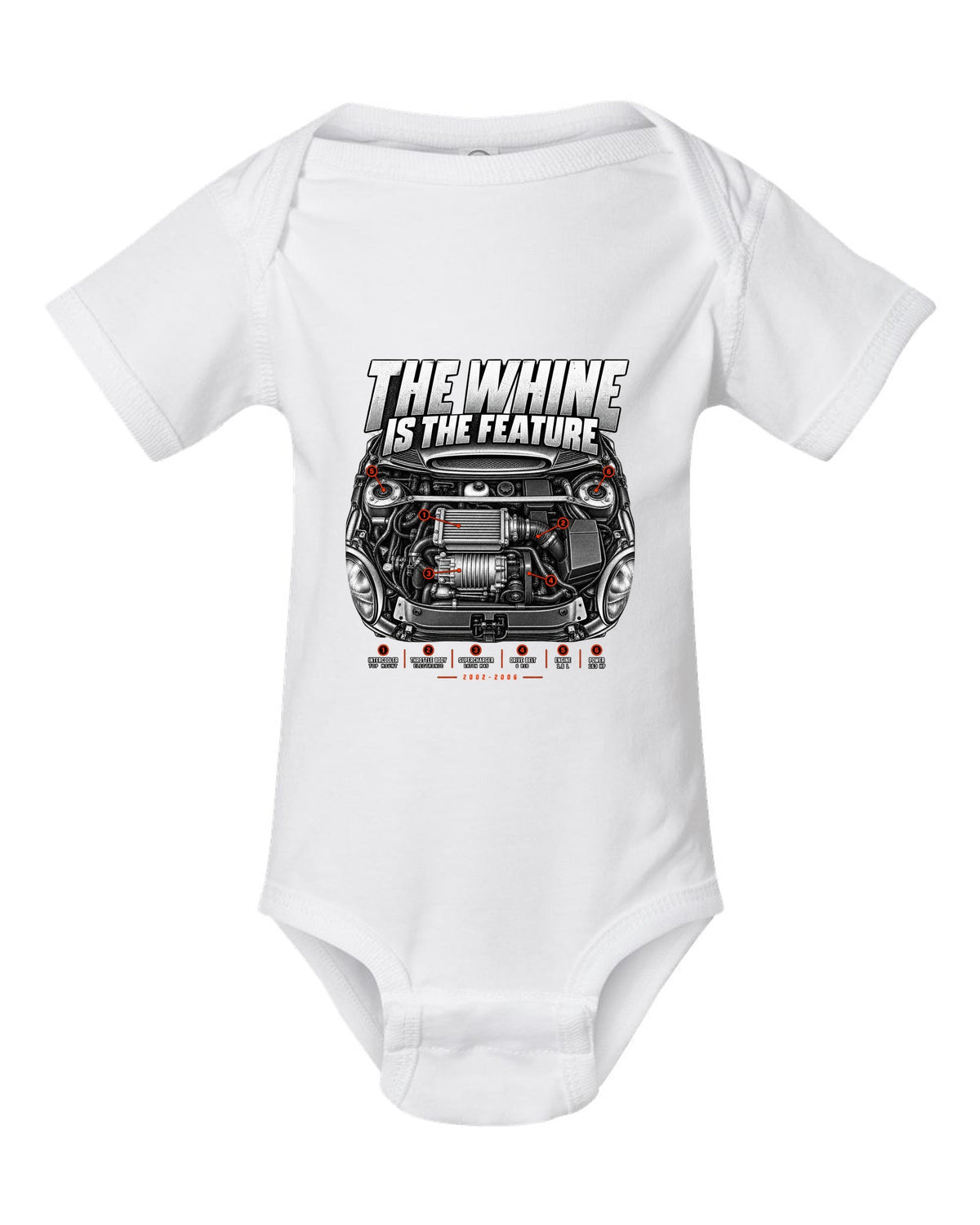Mini Cooper S R53 engine bay print with supercharger callouts and whine text white baby onesie front view with the design