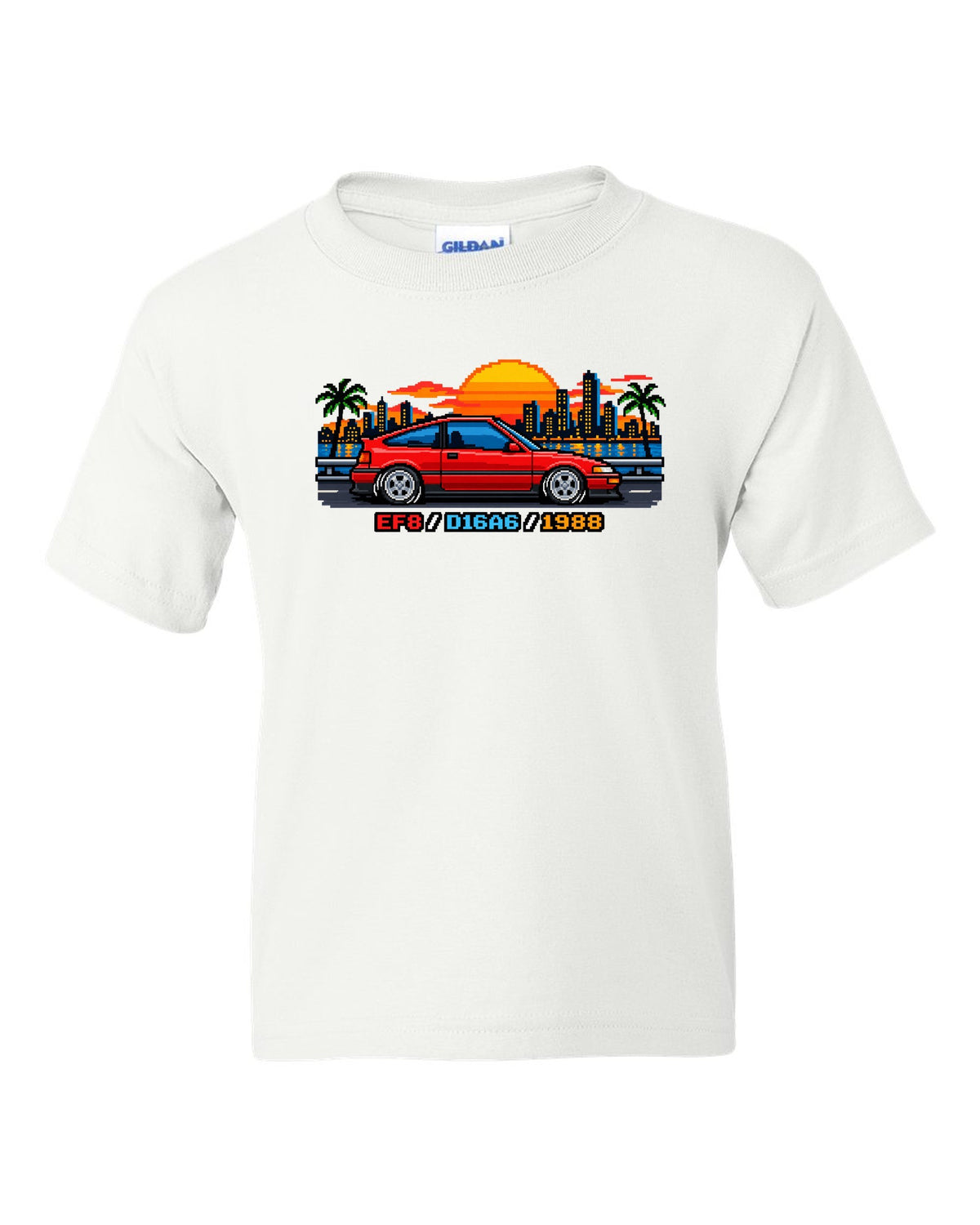 16-bit pixel art Honda CRX EF8 print with D16A6 and 1988 text white kids tee front view with the design