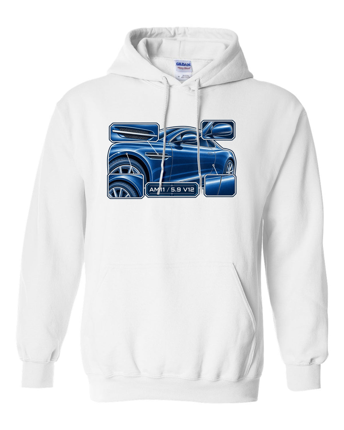 Aston Martin DB9 cyanotype blueprint with AM11 5.9 V12 lettering white pull over hoodie front view with the design