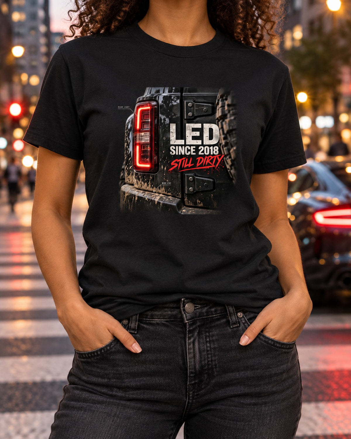 Jeep Wrangler JL LED Taillight Macro print Tee T-Shirt Black worn hero