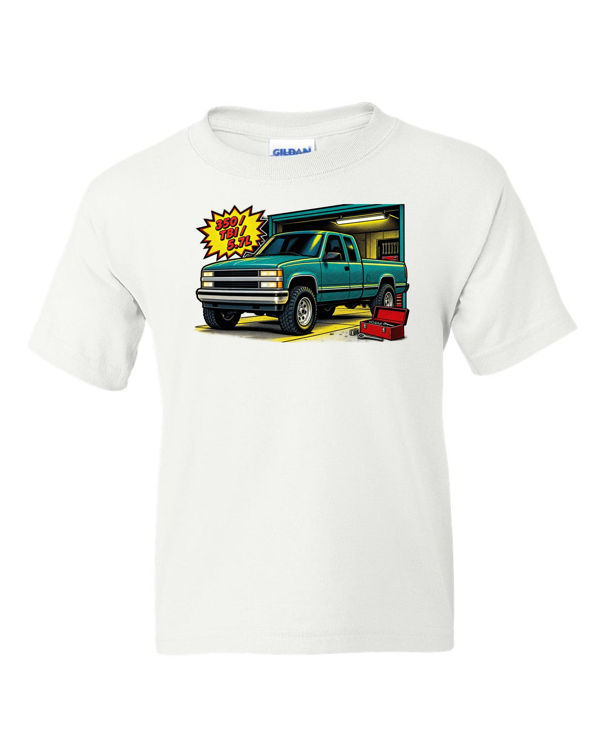 Comic halftone pop-art print of a 1988-1998 Chevrolet GMT400 OBS Silverado with 350 TBI 5.7L text white kids tee front view with the design