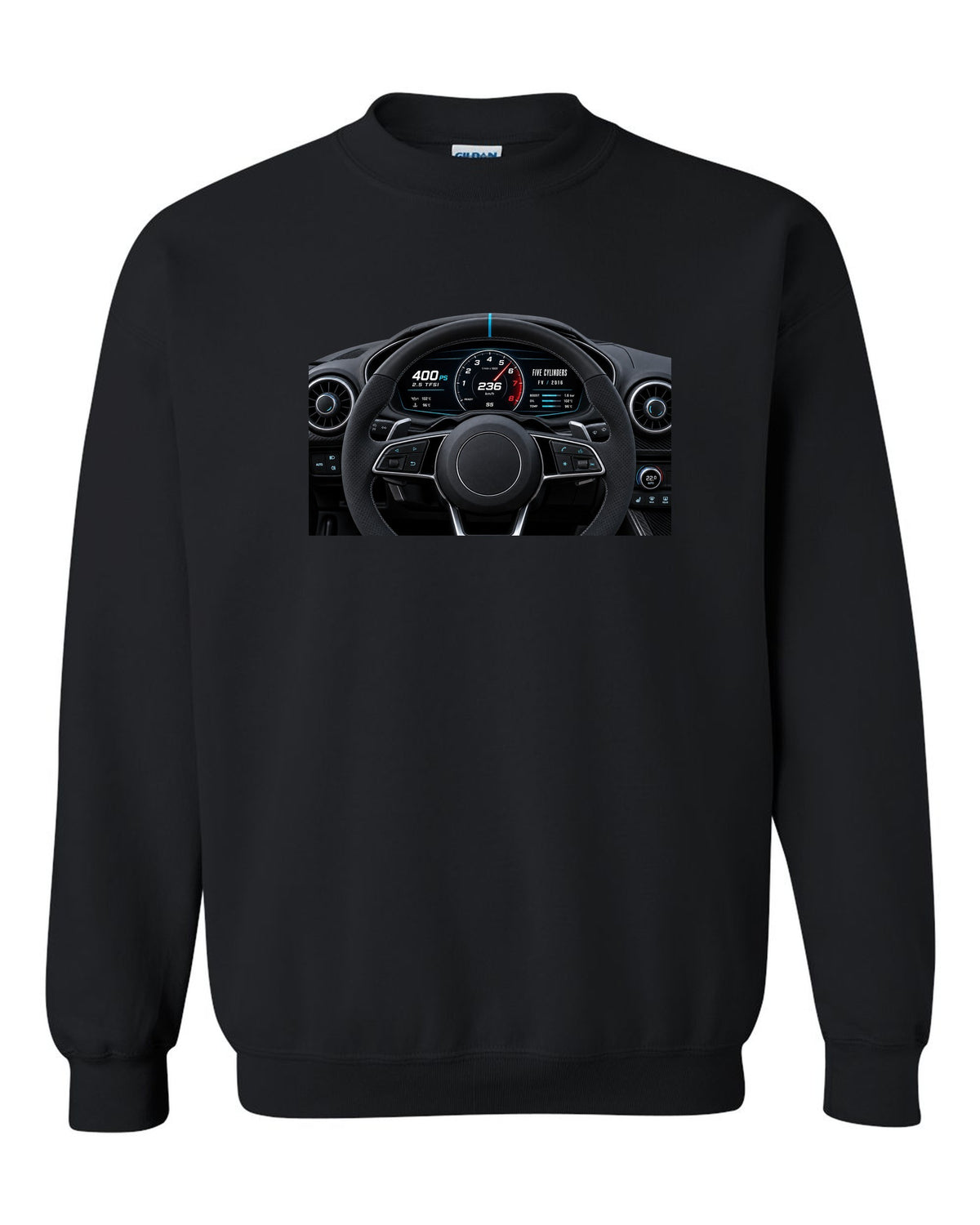 Audi TT RS FV virtual cockpit instrument cluster with 2.5 TFSI 400 PS text black crewneck front view with the design