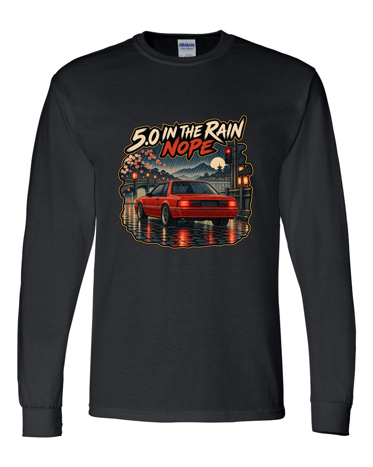 Woodblock style 1990 Ford Mustang Fox Body notchback in rain with 5.0 caption black long sleeve front view with the design