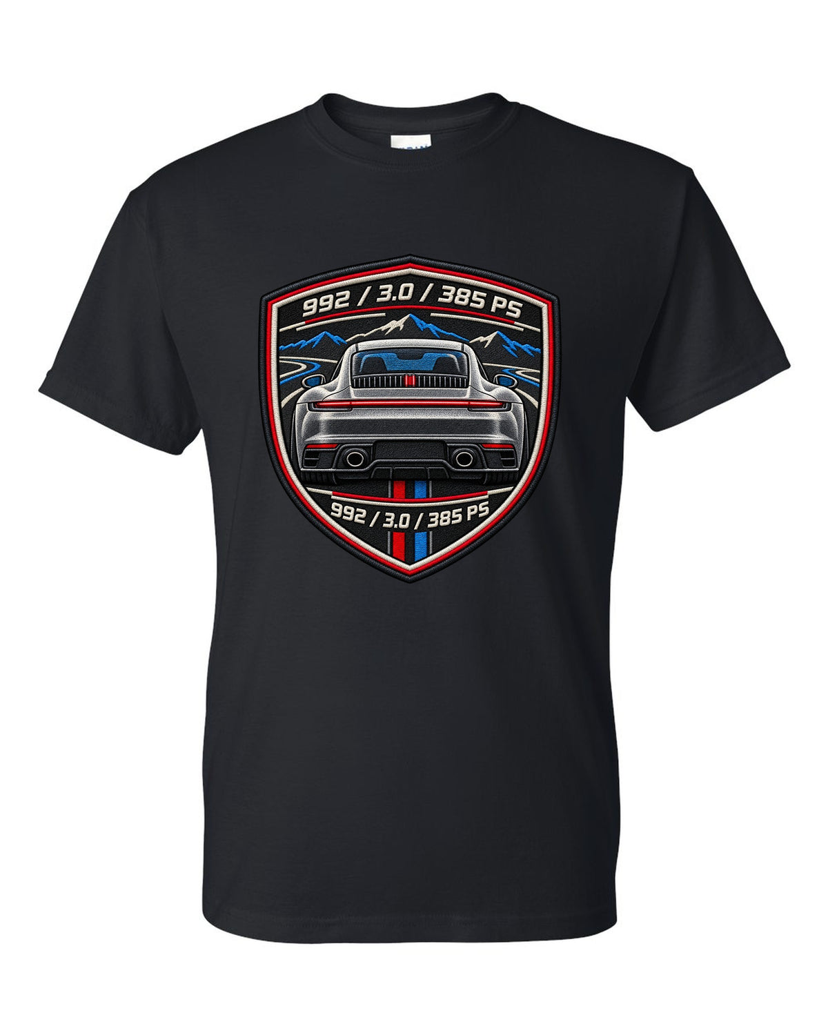 Round crest print of a Porsche 911 992 with the text 992, 3.0 and 385 PS black t-shirt front view with the design