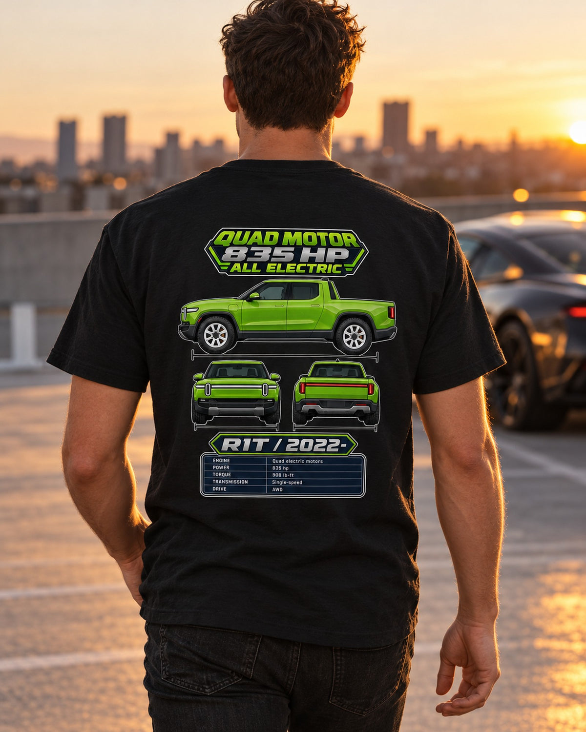Rivian R1T Spec Sheet Full-Back Graphic Tee T-Shirt Black worn hero