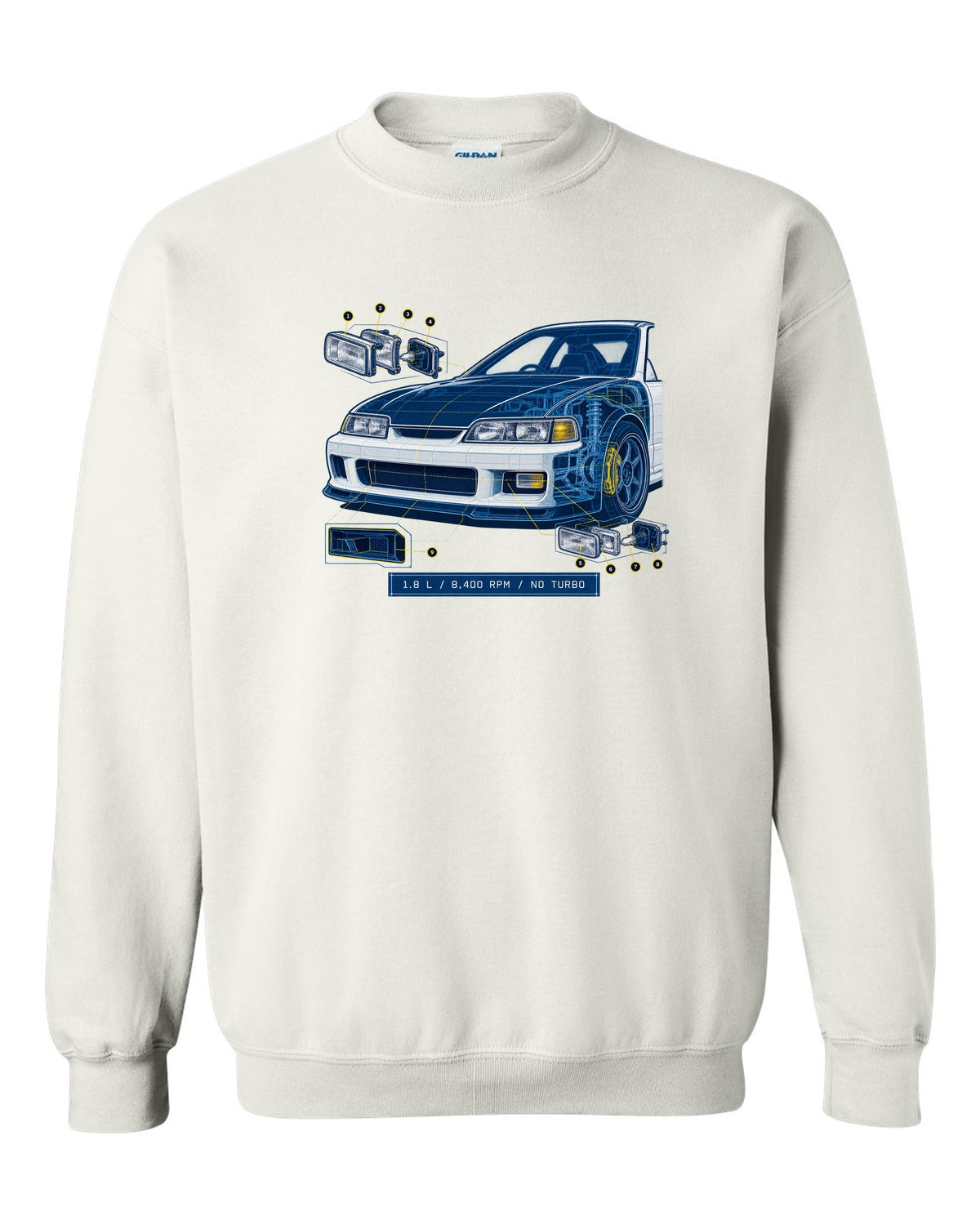 Technical blueprint design of the Honda Integra Type R DC2 with B18C specs white crewneck front view with the design