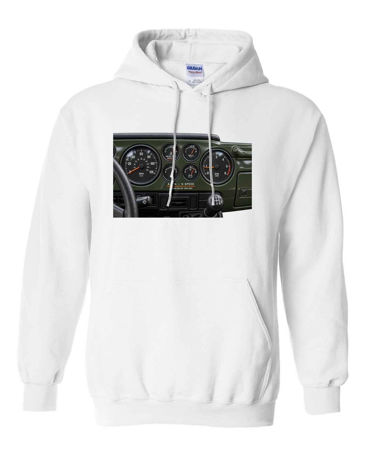 Gauge cluster print for the Jeep Wrangler TJ 4.0 I6, 1997-2006 white pull over hoodie front view with the design