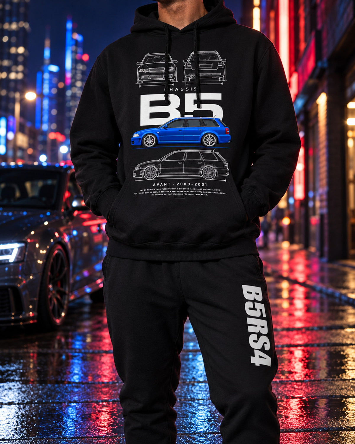 Audi B5RS4 Blueprint Hoodie + Jogger Set Black worn hero