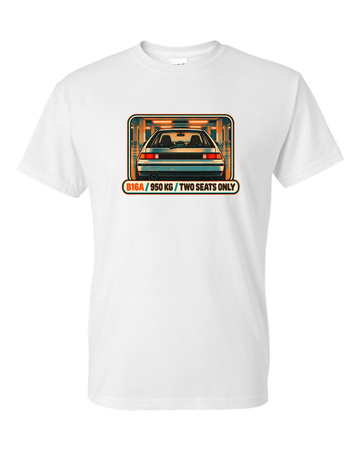 Grunge stencil print of a Honda NSX-R with No A/C No Stereo lettering white t-shirt front view with the design
