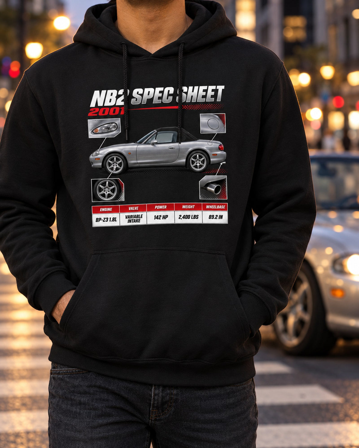 Mazda MX-5 NB2 Spec Sheet Shirt, 2001 Variable Intake Pull Over Hoodie Black worn hero