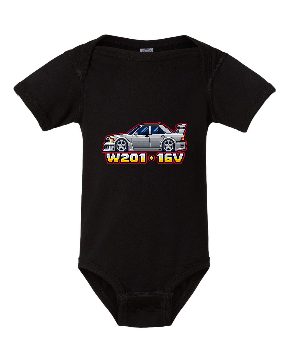 Mercedes 190E Evo II W201 16-Bit Pixel Art Tee, Car black baby onesie front view with the design