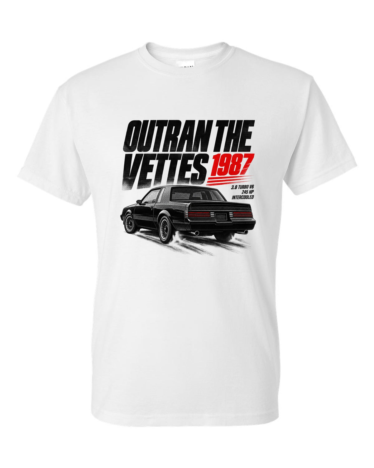 print halftone of a 1987 Buick Regal GN with outran the Vettes lettering white t-shirt front view with the design