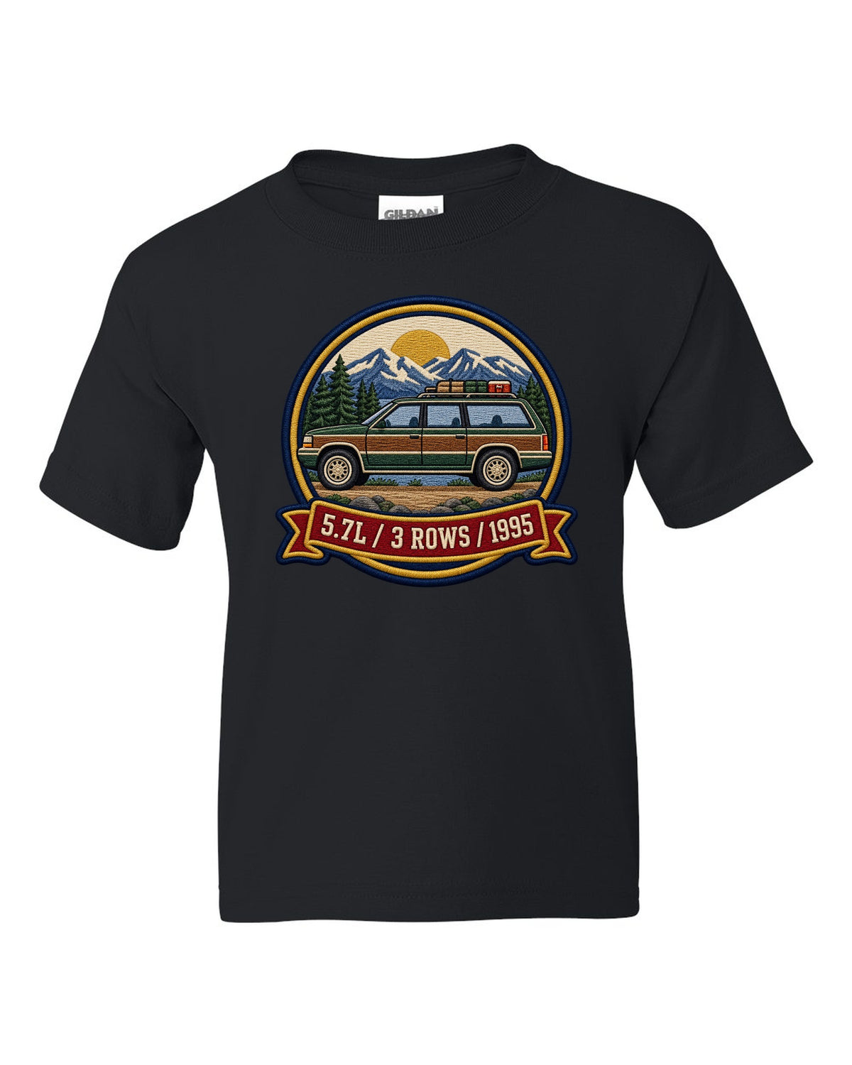 Varsity round crest print for a 1992-1999 Chevrolet Suburban GMT400 with 5.7L, 3 Rows, 1995 text black kids tee front view with the design