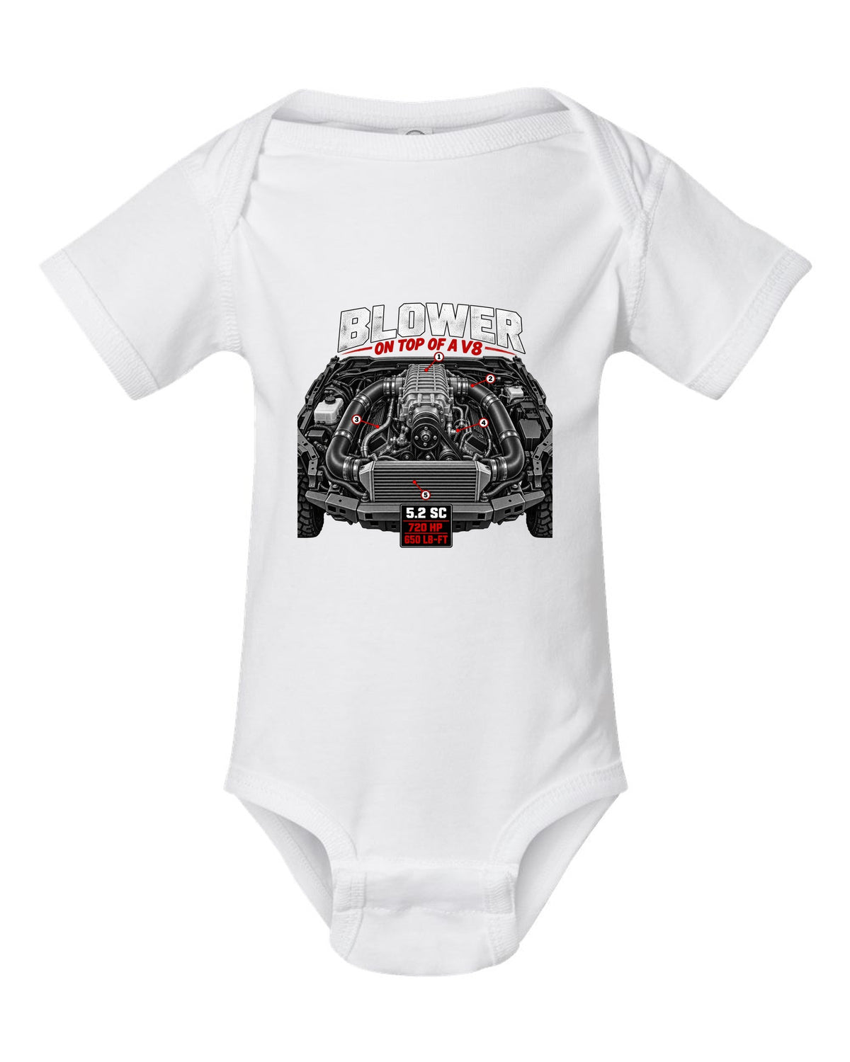 Ford F-150 Raptor R P702 engine hero print with 5.2 supercharged V8 and 720 HP white baby onesie front view with the design