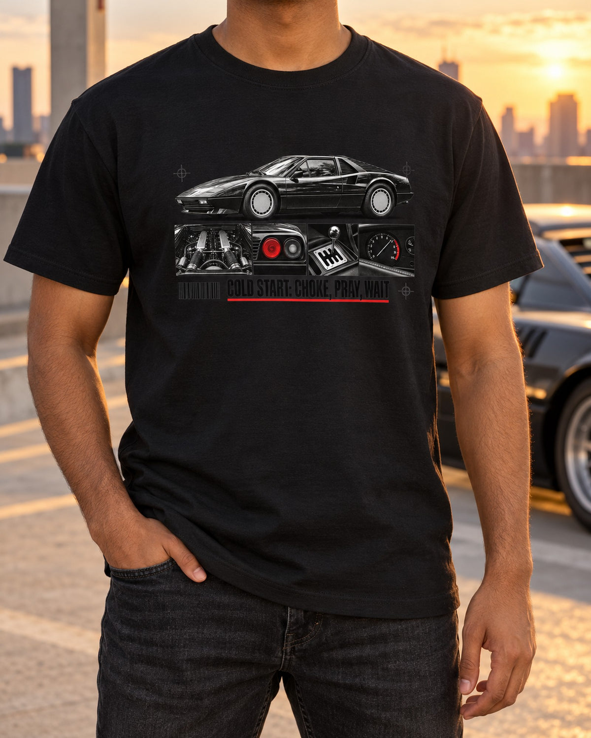 Ferrari 308 GTB GTS Cold Start Dossier Shirt, Car Guy Gift T-Shirt Black worn hero