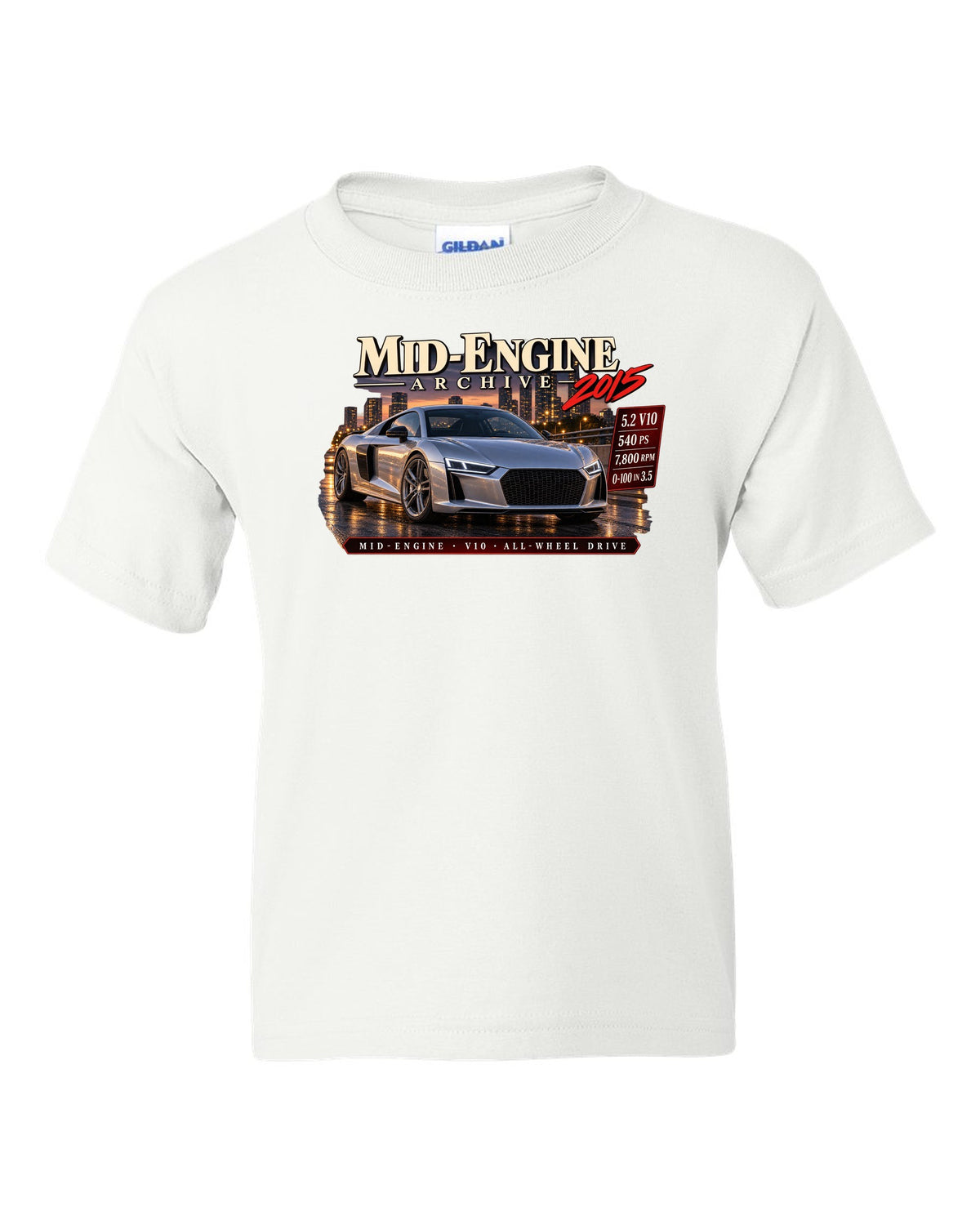 Audi R8 Type 4S V10 front three-quarter in archive panel with 540 PS text white kids tee front view with the design