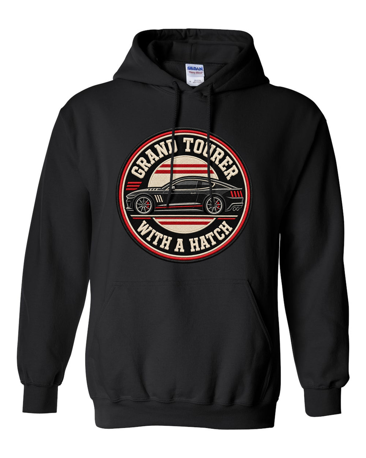 Embroidery varsity crest print for a Kia Stinger GT CK with grand tourer with a ch text black pull over hoodie front view with the design