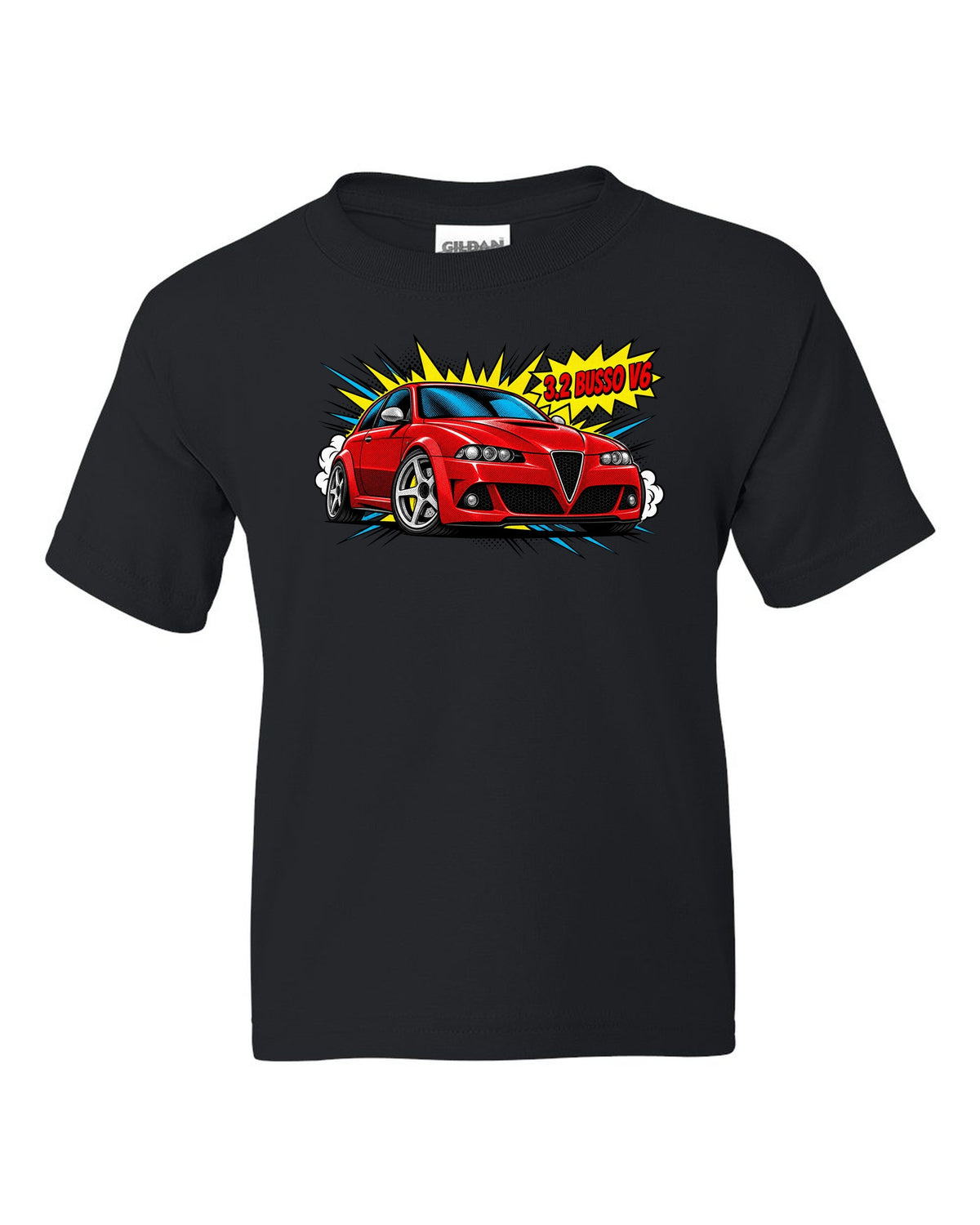 Comic halftone pop-art illustration of an Alfa Romeo 147 GTA with 3.2 Busso V6 text black kids tee front view with the design
