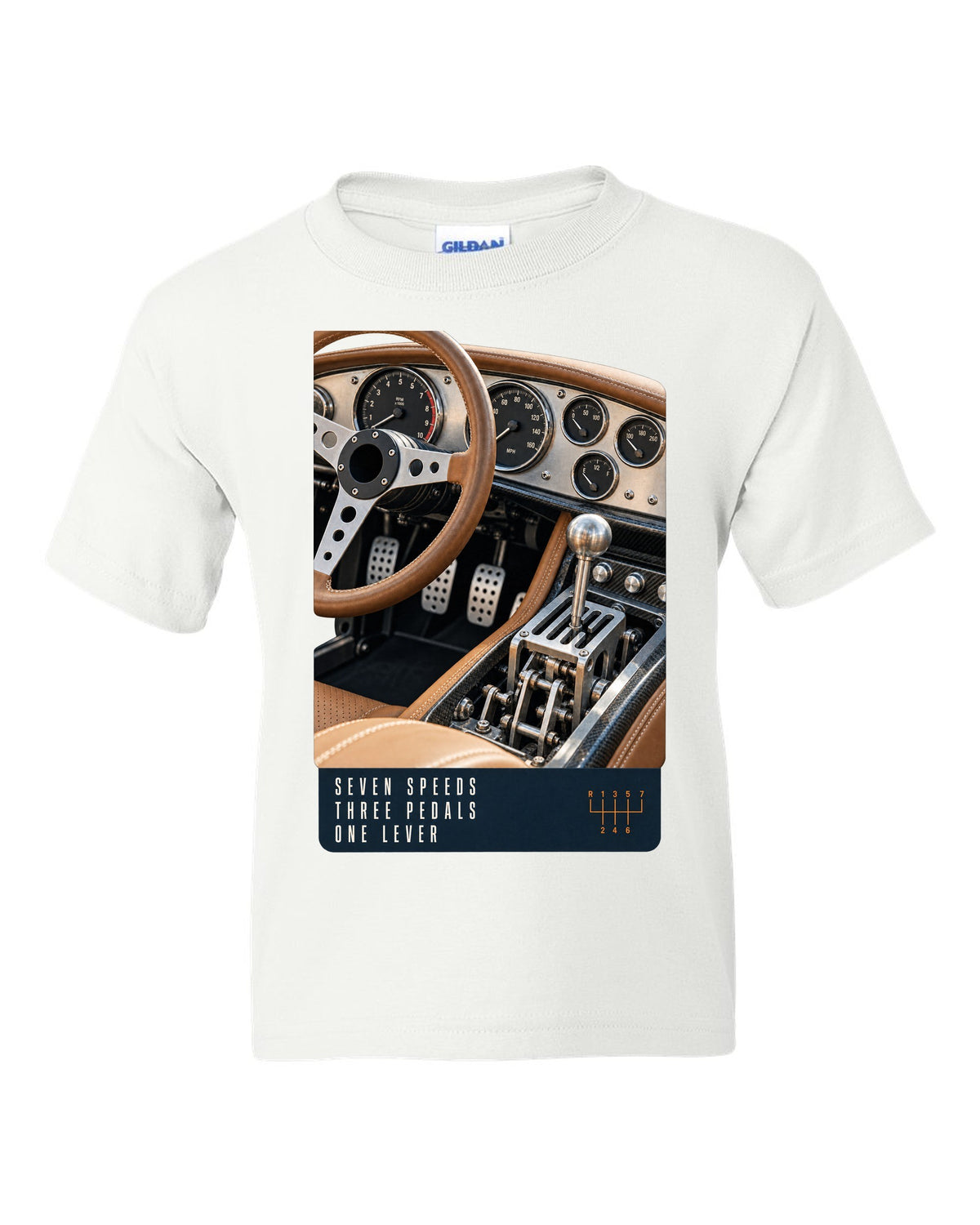 print of the Pagani Utopia manual cockpit and gated shifter white kids tee front view with the design