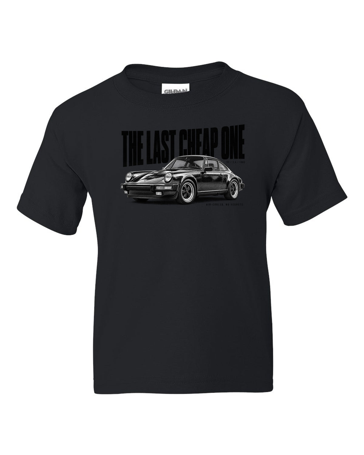 Halftone print of a Porsche 911 SC G-series with The Last Cheap One caption black kids tee front view with the design