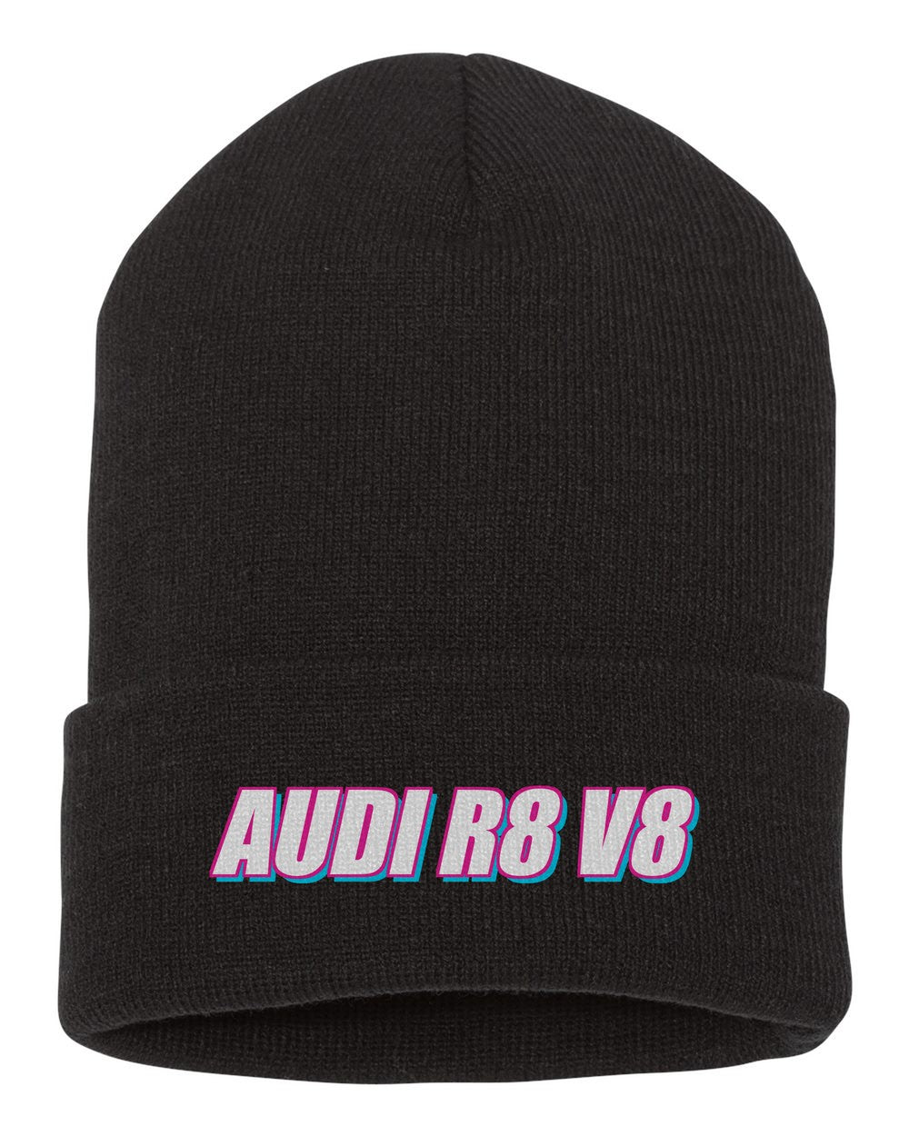 Audi R8 V8 black beanie front view with car name