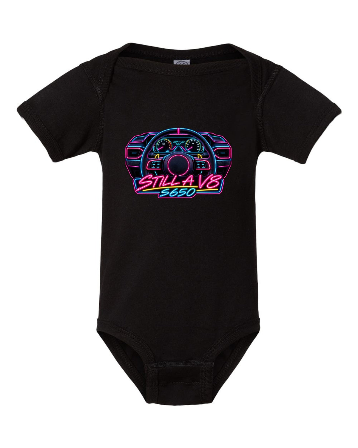 Neon sign style 2024 S650 Ford Mustang coupe with Still a V8 text black baby onesie front view with the design