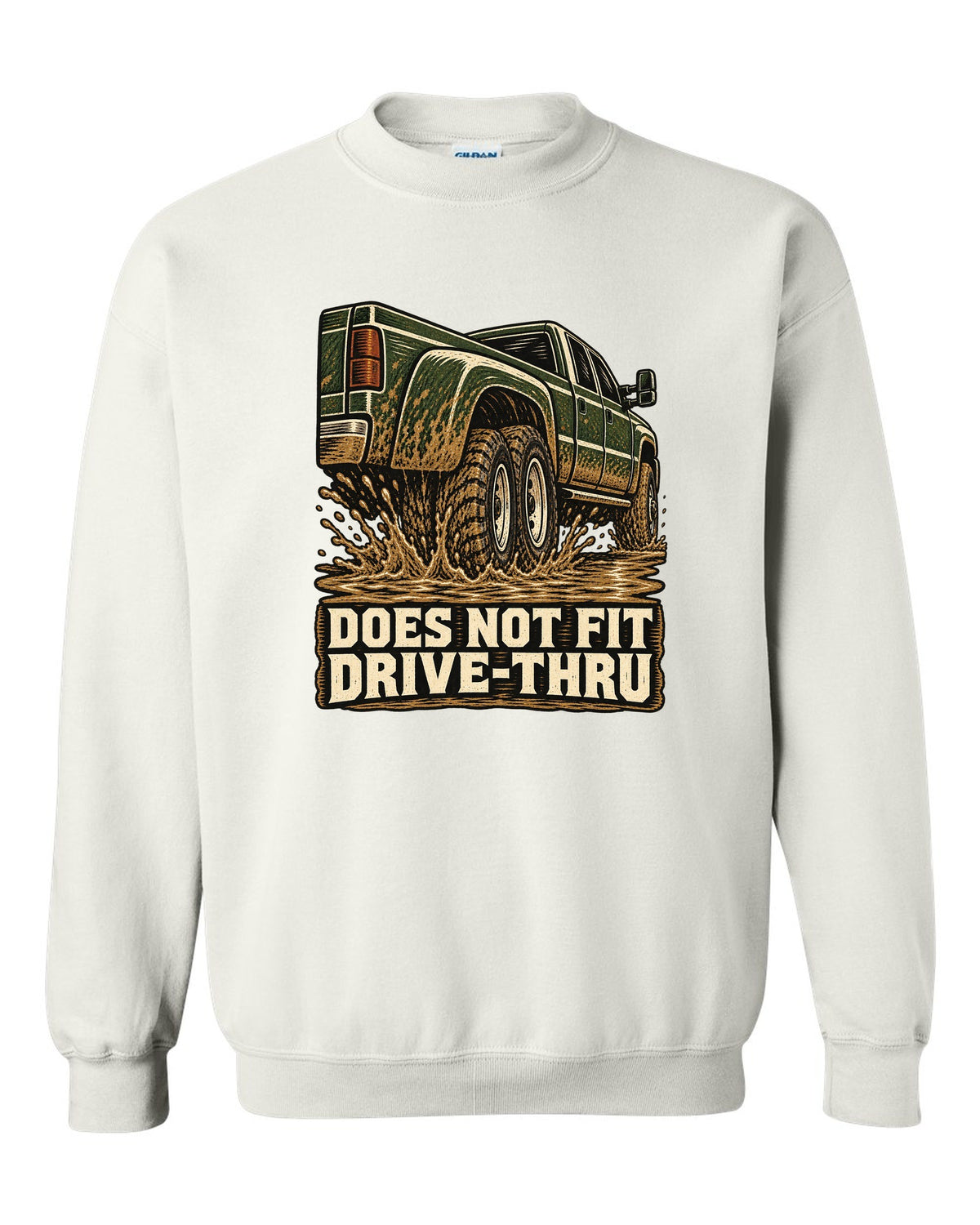 Woodcut print of a 1994-1998 Dodge Ram 3500 dually Cummins with drive-thru text white crewneck front view with the design