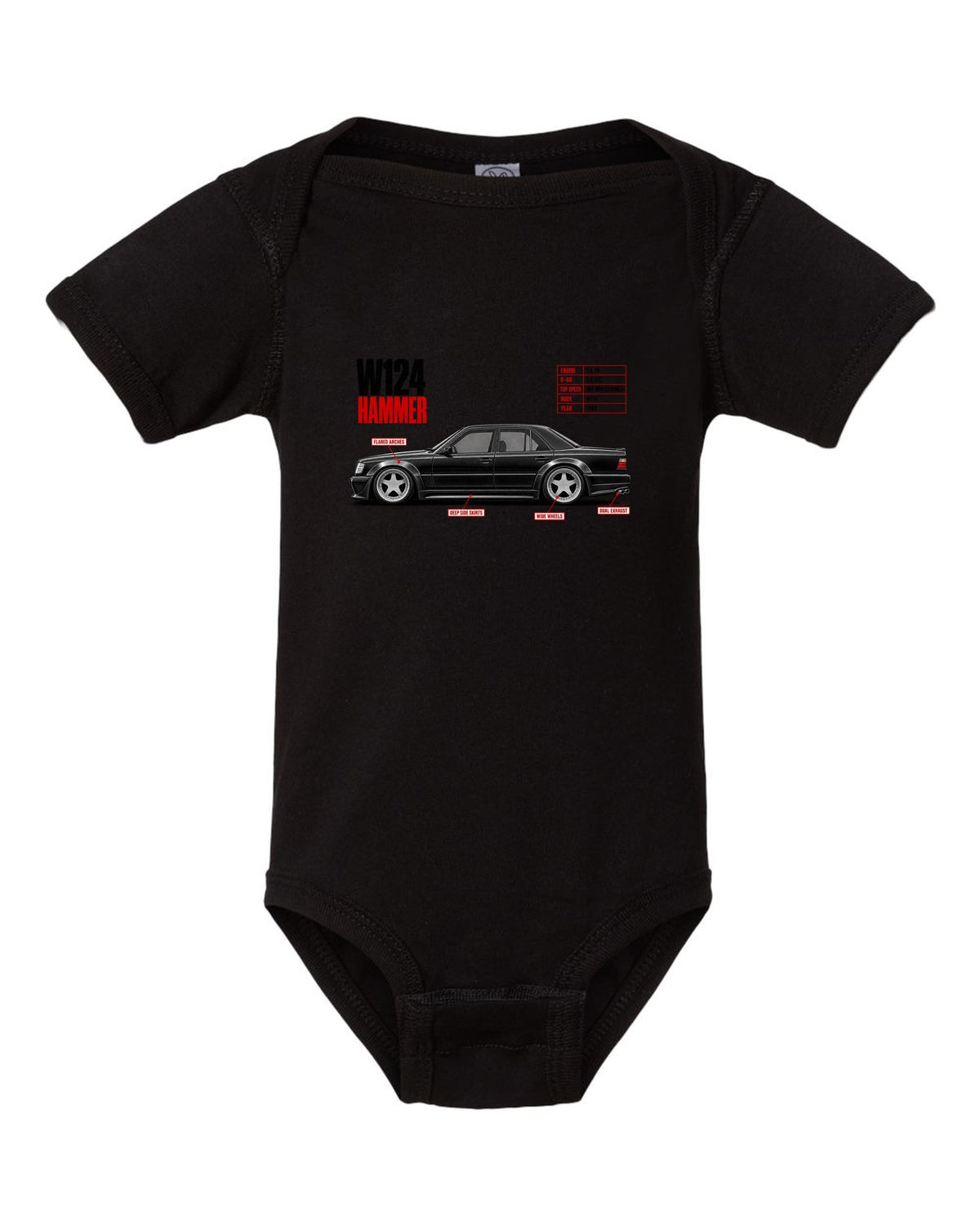 print spec poster of a Mercedes W124 Hammer with text 0-60 5.0 sec, 5.6 V8, 1988 black baby onesie front view with the design