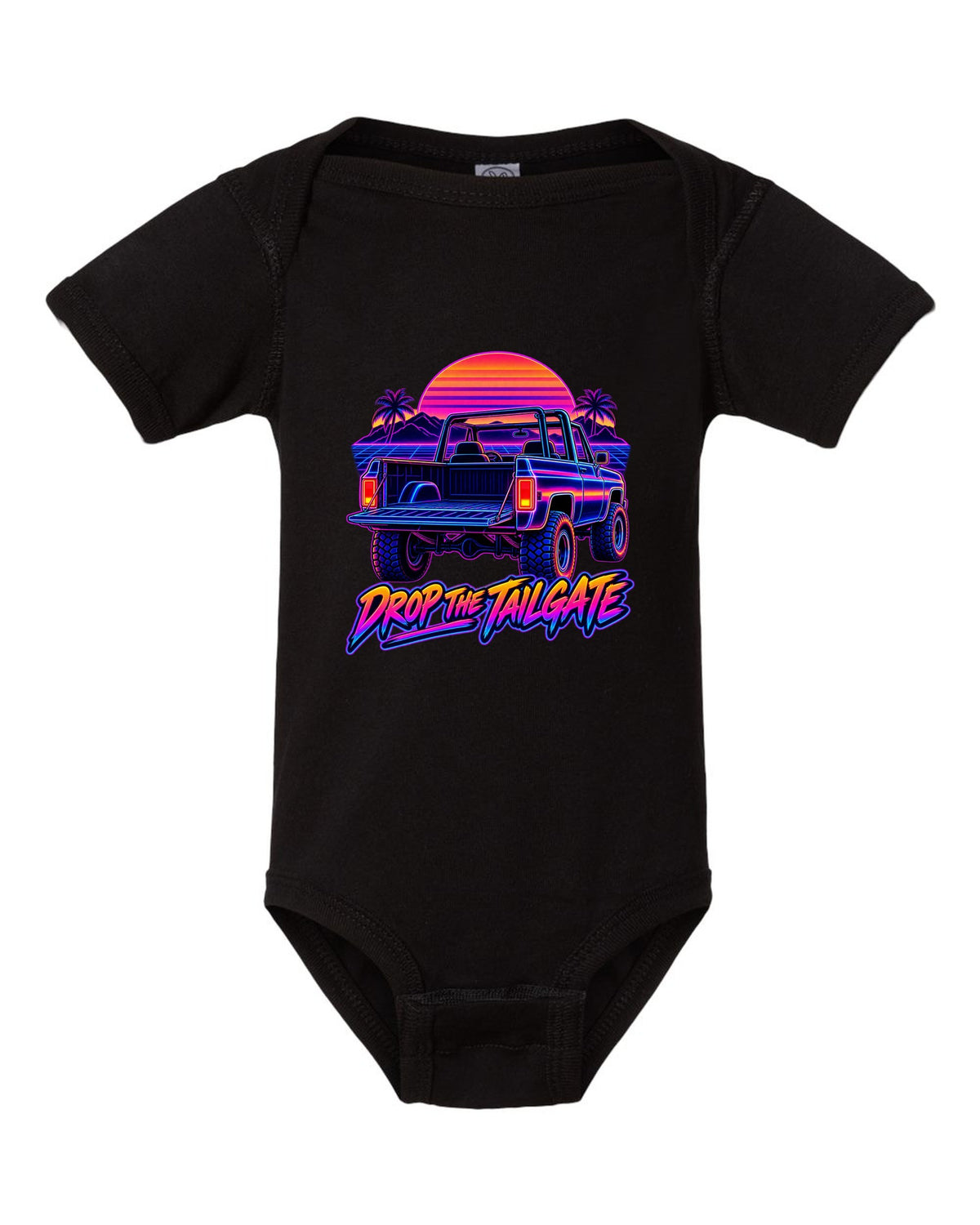 Neon synthwave line art of a 1973-1991 Chevrolet K5 Blazer tailgate with DROP THE TAILGATE text black baby onesie front view with the design