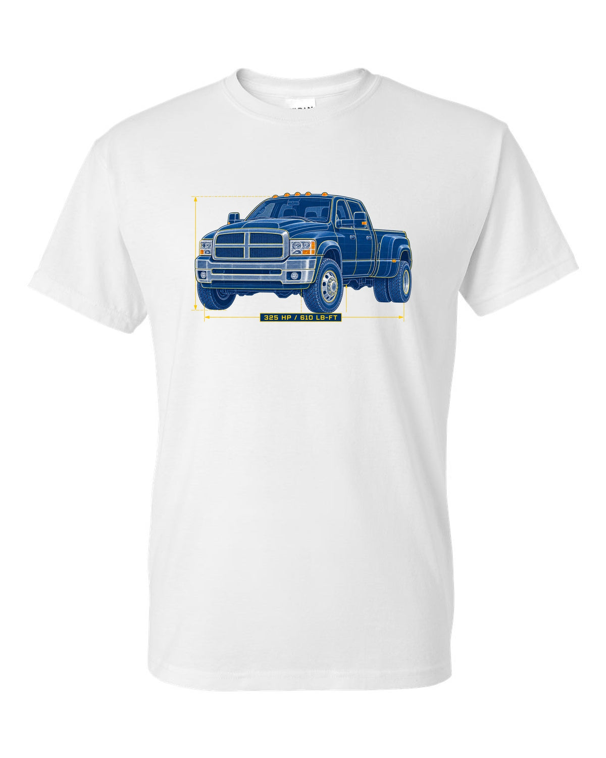 Cyanotype blueprint of a 2003-2009 Dodge Ram 3rd gen 5.9 HO with 325 HP and 610 LB-FT lettering white t-shirt front view with the design