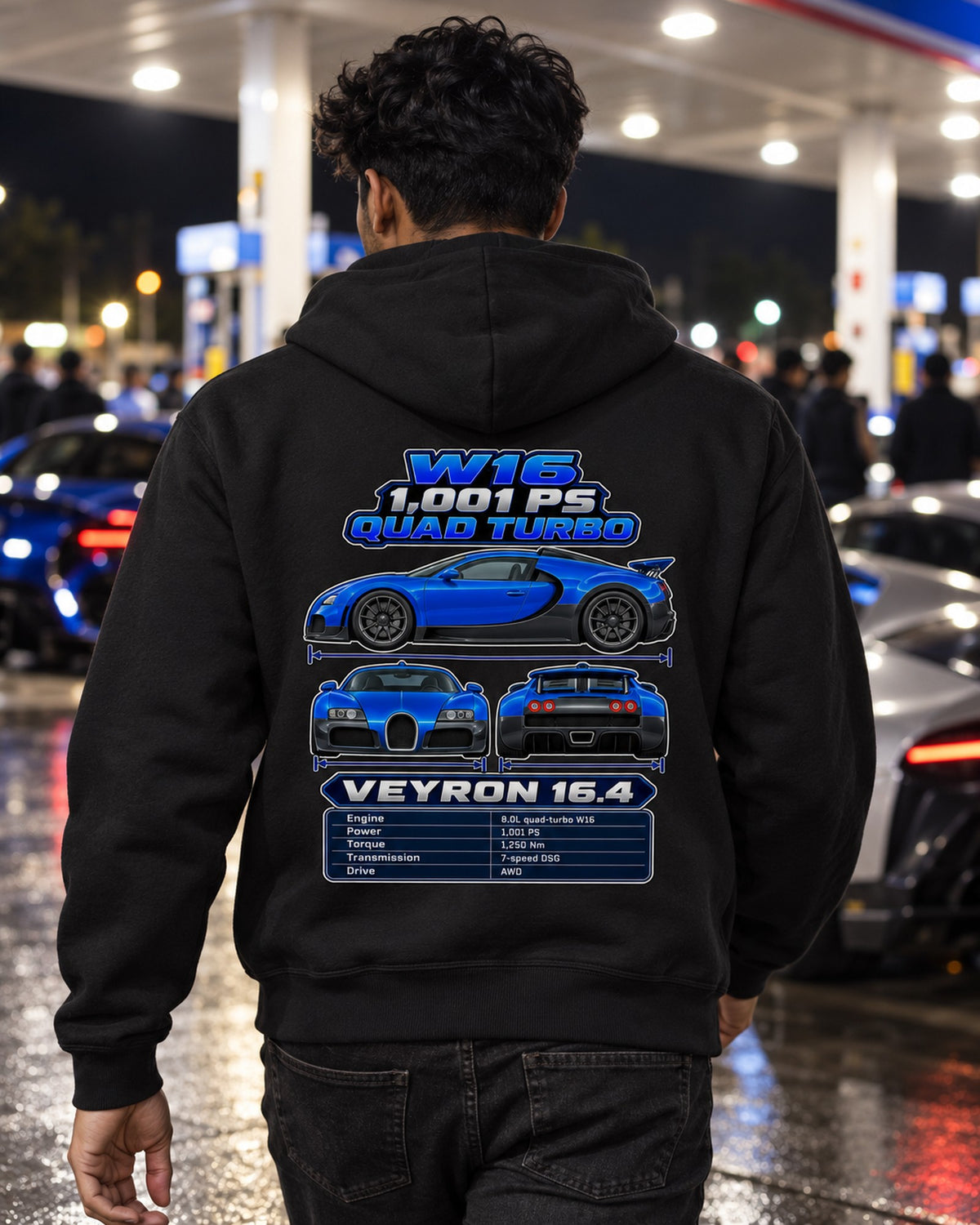 Bugatti Veyron 164 Spec Sheet Full-Back Graphic Tee Zip Hoodie Black worn hero