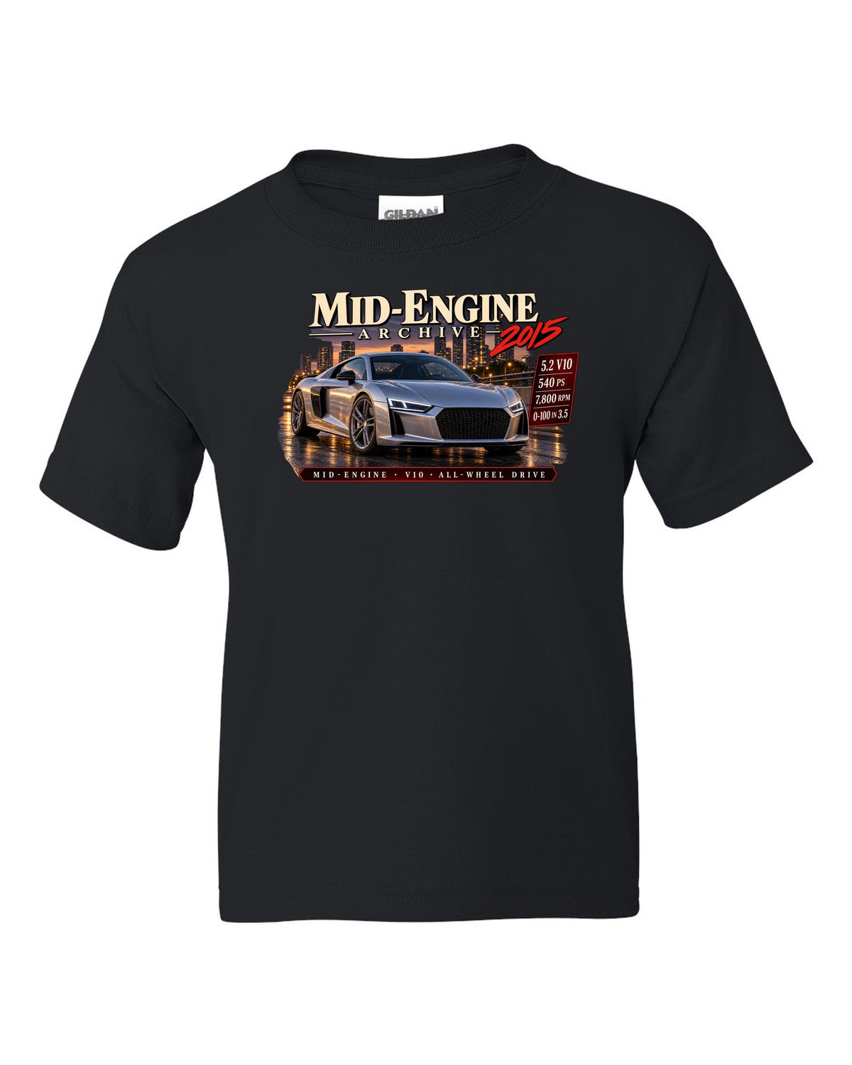 Audi R8 Type 4S V10 front three-quarter in archive panel with 540 PS text black kids tee front view with the design