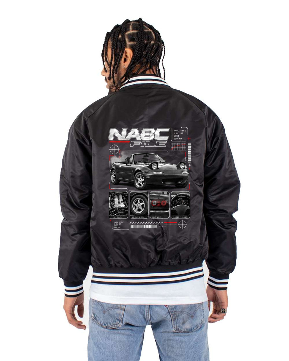 Mazda MX-5 NA Eunos Roadster Dossier Shirt, Miata Gift Bomber Jacket Black back