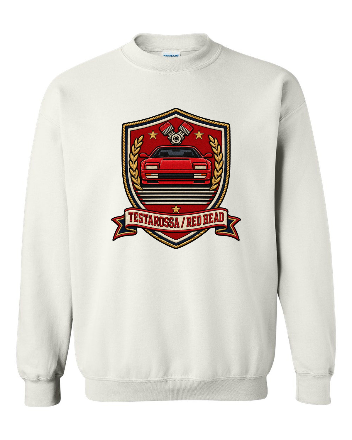 Shield crest layout for the 1984 Ferrari Testarossa with red head text white crewneck front view with the design