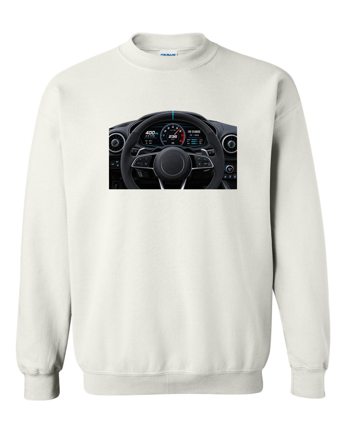 Audi TT RS FV virtual cockpit instrument cluster with 2.5 TFSI 400 PS text white crewneck front view with the design