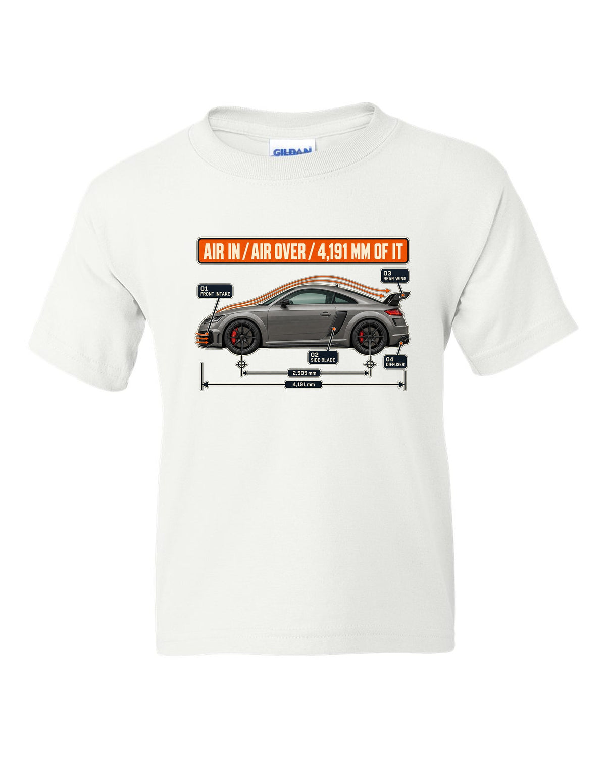 Audi TT RS facelift aero cutaway diagram with airflow callouts print white kids tee front view with the design