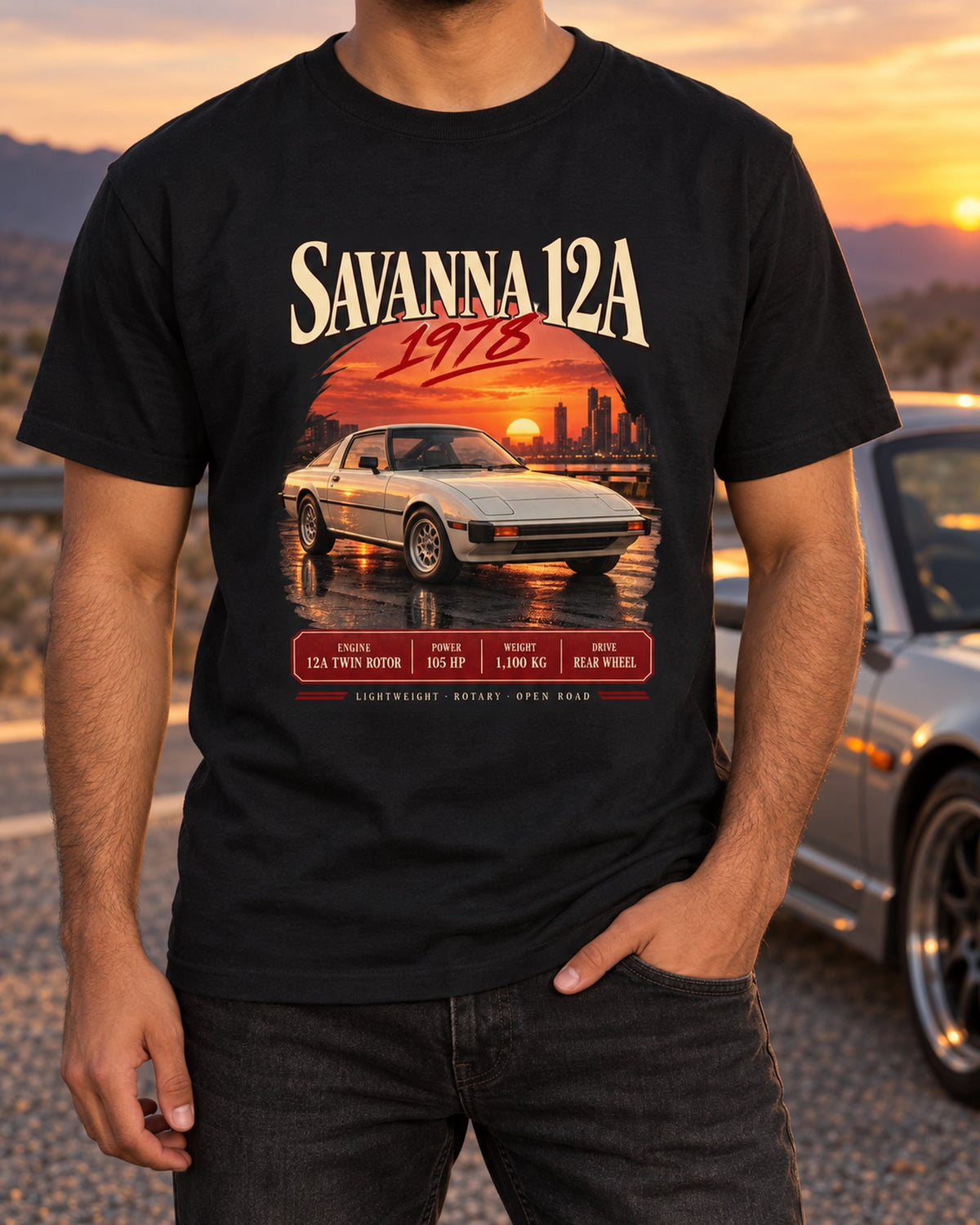 Mazda RX-7 SA22C Savanna Archive Panel Shirt, 1978 to 1985 T-Shirt Black worn hero