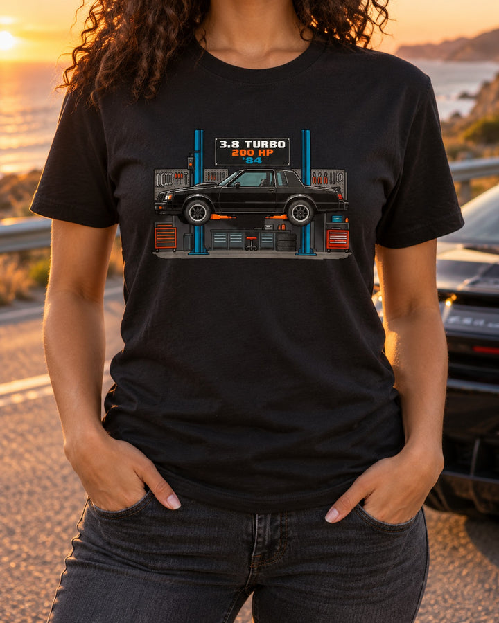 1984 Buick Regal T-Type 3.8 Turbo 8-Bit Pixel Workshop Shirt T-Shirt Black worn hero