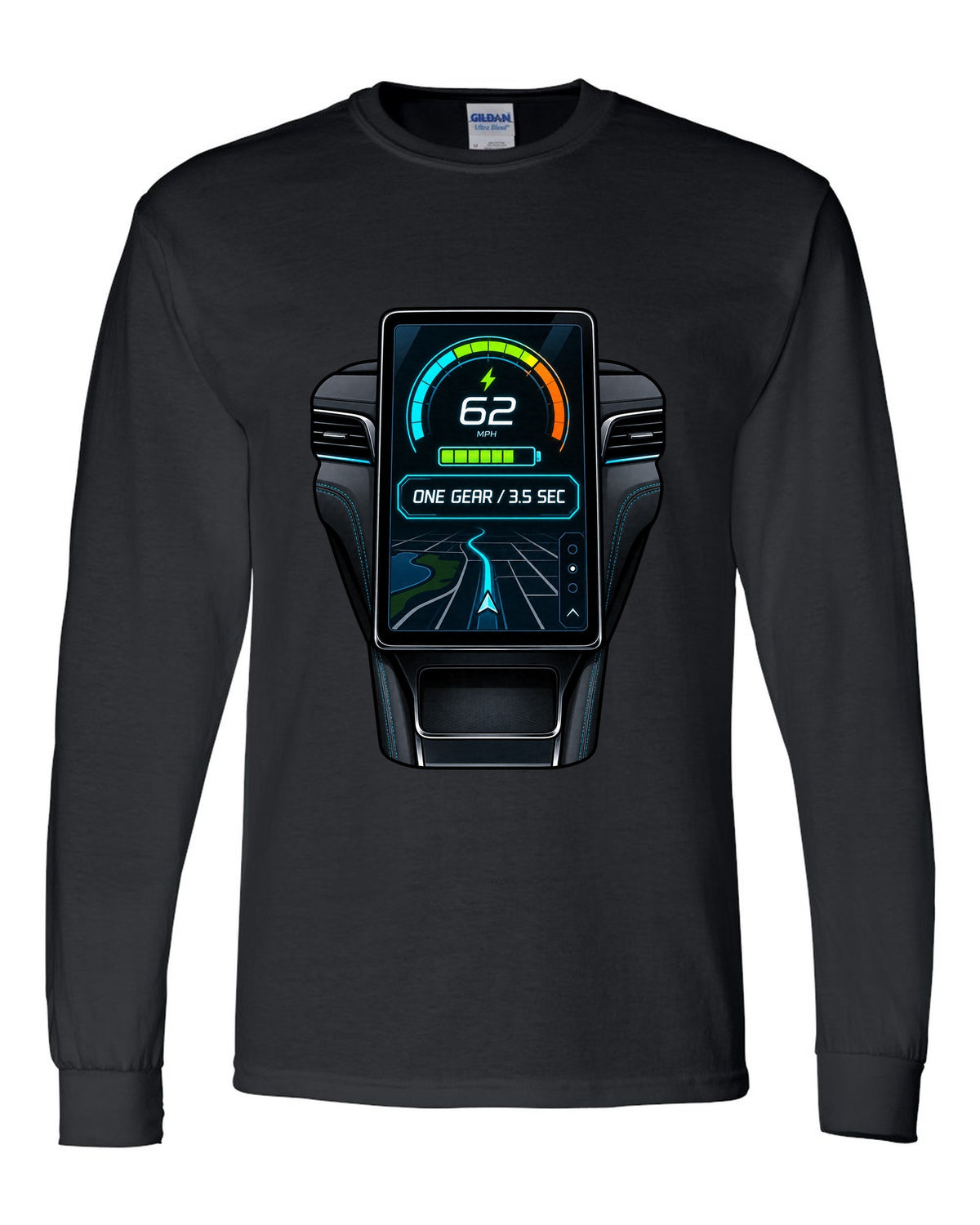 Round embroidery-style crest print for the 2020 Mustang Mach-E CX727 reading 88 kWh Extended Range black long sleeve front view with the design