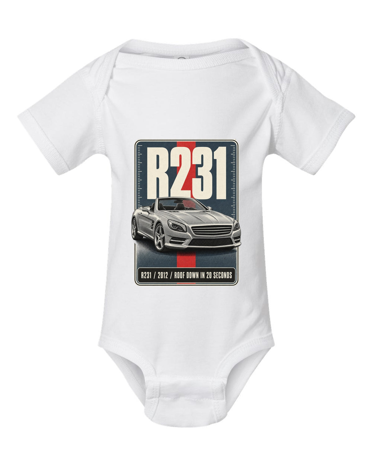 Mercedes-Benz SL R231 low front three-quarter halftone print in warm grey white baby onesie front view with the design